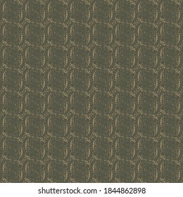 Geometric pattern consisting of parallelogram patches and short wavy stripes. Old canvas texture. Decorative background in dark brown and beige.