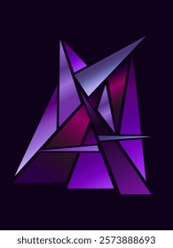 geometric pattern.  consists of many triangular shapes in different shades of purple and pink. The figures form a star-shaped shape. The background is black, the colors of the figures are expressive. 