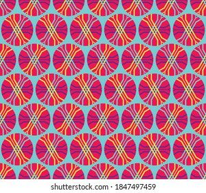 patrón geométrico:
círculos de crimson con adornos de colores 
sobre un fondo azul claro