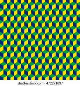 A geometric pattern with cubes that are the patriotic colors of the Brazilian flag. Can be used as a background for games in Brazil. Vector.