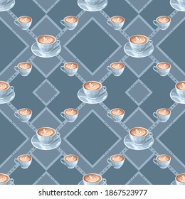 Geometric pattern with cup of coffee. Rhombuses. Seamless vector. Tiles for kitchen.
