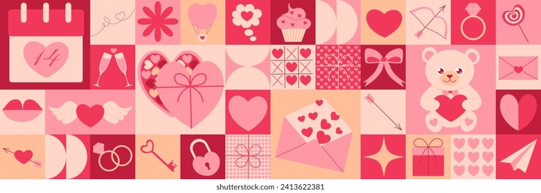 Geometric pattern with Valentine’s Day icons elements. Bauhaus style