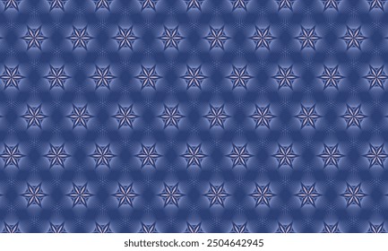 Geometric pattern design. Abstract fabric texture. Hexagonal stars motif in dark blue background.