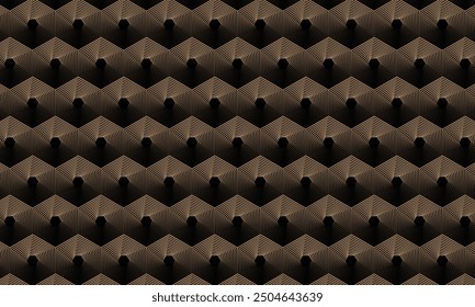 Geometric pattern design. Abstract fabric texture. Golden copper wires motif in dark background.