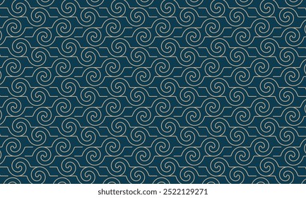 Geometric pattern design. Abstract fabric textiles. Spiral lines motif in dark green background.