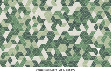 Geometric pattern design. Abstract fabric textures in diamonds faded green background.