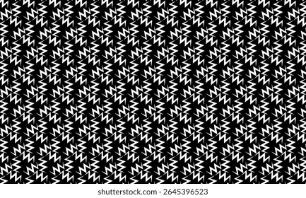 Geometric pattern design. Abstract fabric texture in white zigzag motif and black background.