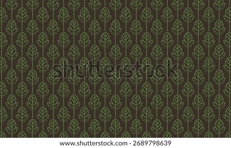 Geometric pattern design. Abstract fabric texture in hand written leaves motif and dark green background.