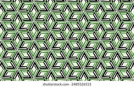 Geometric pattern design. Abstract fabrics texture. Polygonal motif in green and black background.