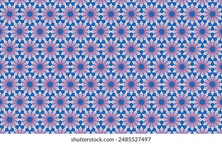 Geometric pattern design. Abstract fabrics texture. Floral motif in red and blue background.