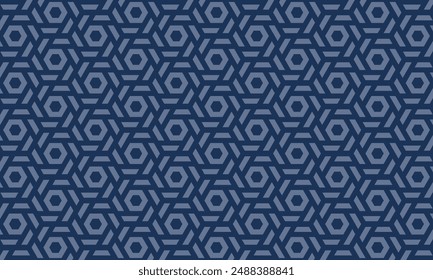 Geometric pattern design. Abstract fabrics texture. Hexagonal motif in dark and blue background.