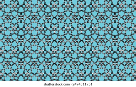 Geometric pattern design. Abstract fabrics texture. Six stars motif in turquoise background.