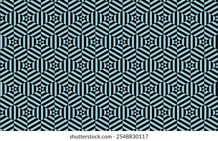 Geometric pattern design. Abstract hexagonal motif in blue and black background.