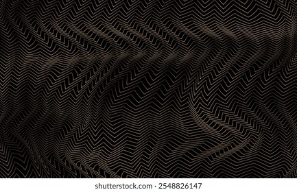 Geometric pattern design. Abstract wavy motif in golden lines and dark background.