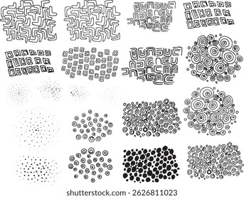 Projeto de padrão geométrico clipart conjunto círculos quadrados pontos formas abstratas conjunto de ilustrações desenhadas à mão para plano de fundo repetindo padrão de desenho primitivo ingênuo boho de tinta de gráficos em preto e branco	