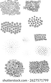 Projeto de padrão geométrico clipart conjunto círculos quadrados pontos formas abstratas conjunto de ilustrações desenhadas à mão para plano de fundo repetindo padrão de desenho primitivo ingênuo boho de tinta de gráficos em preto e branco	