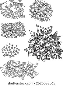 Estrelas de clipart de design de padrão geométrico definir círculos triângulos pontos formas abstratas conjunto de ilustrações desenhadas à mão para plano de fundo repetindo padrão de desenho primitivo ingênuo preto e branco tinta gráfica	