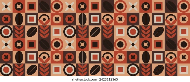 Geometric pattern design coffee orange color. Pattern for coffee packaging, banner, card, flyer. Seamless pattern with elements of coffee beans and geometric shapes. Vector pattern, design elements.