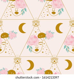 geometric pattern design with golden woman, flowers and celestial elements, perfect to use on the web or in print for surface design