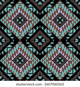 Geometric pattern design on black background in shades of turquoise, brown and lilac. Traditional Native American seamless pattern.Ethnic pattern. Perfect for textiles, rugs, fabric designs, tiles.