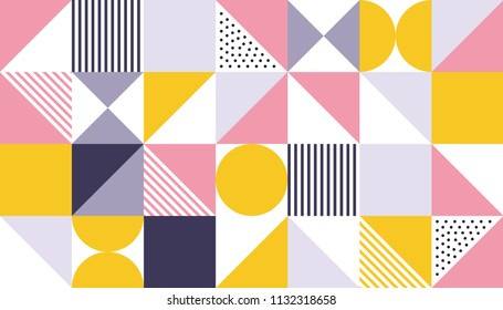 Geometric pattern design of Scandinavian abstract color or Swiss geometry prints with vector rectangles, squares and circles background