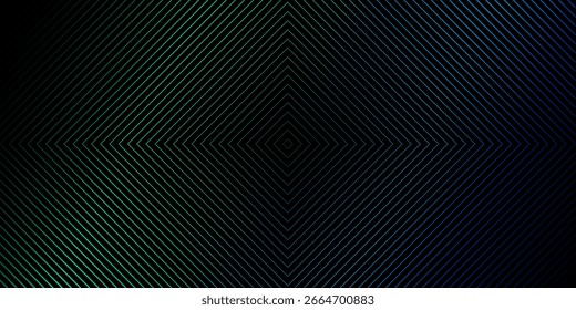 A geometric pattern of diagonal lines arranged in a diamond shape against a gradient black background. The lines vary in color from green to blue.