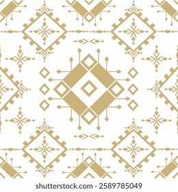 Geometric Pattern with Diamond and Cross Motifs in Gold and White, Ethnic Geometric Pattern | Gold Diamond Design | Seamless Textile Print, Gold Geometric Pattern on White Background