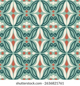 Geometric Pattern - Diamond and Flowers (Dark Green, Soft Green, Caramel, Cream) - Repeating Vector Image; Easily Editable; Endless Design; Colorful lIlustration. Print for Gift Paper, Packaging, etc.