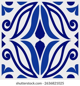 Geometric Pattern - Diamond and Flowers - Tiles (Blue, White) - Repeating Vector Image; Easily Editable; Endless Design; Colorful lIlustration. Print for Gift Paper, Packaging, etc.