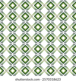 Geometric pattern of diamond shape of green pixels. Geometric abstract seamless pattern. Vintage green and beige color, classic, shape, retro, design concept for fashion, tile, print, fabric texture.