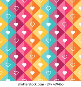 Geometric pattern with diamond shaped elements and hearts. Colorful abstract vector background