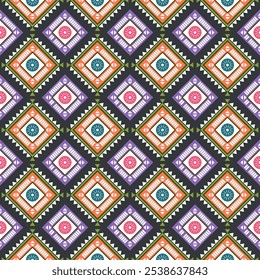 geometric pattern with diamond shapes. Each diamond contains a central circle with a floral design, alternating in colors of pink and teal. symmetrical and vibrant, creating a visually striking.