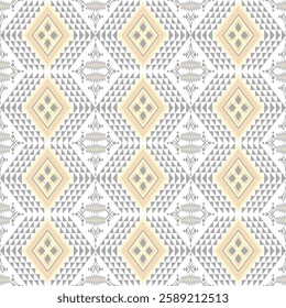 Geometric Pattern with Diamonds and Ikat Accents, Beige and Gray Diamond Pattern with Ikat-Inspired Details, Seamless Geometric Textile Pattern for Design Projects, Modern Tribal Inspired Diamond