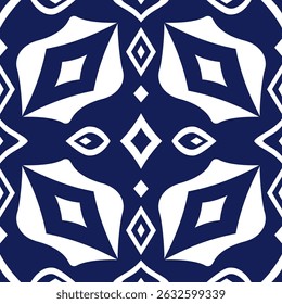 Geometric Pattern - Diamonds and Strange Flowers (Navy, White) - Repeating Vector Image; Easily Editable; Endless Design; Colorful lIlustration. Print for Gift Paper, Packaging, etc.