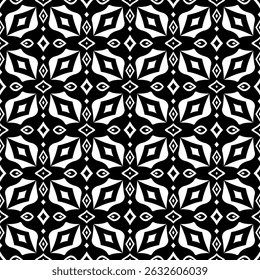 Geometric Pattern - Diamonds and Strange Flowers (Black, White) - Repeating Vector Image; Easily Editable; Endless Design; Colorful lIlustration. Print for Gift Paper, Packaging, etc.