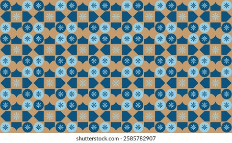 Geometric pattern with different blue and cream color schemes. Patterns of a combination of interlocking geometric shapes, including circles, squares, and stylized floral or quatrefoil motifs