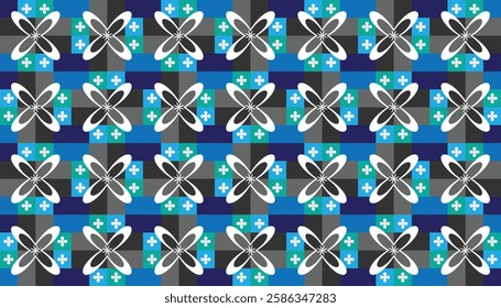 Geometric pattern with different blue and gray color schemes. The symmetrical arrangement and stylish floral motifs provide a balanced and visually appealing look