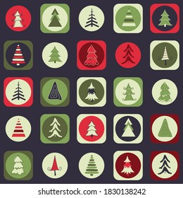 Geometric pattern with different christmas trees. Seamless Christmas pattern in retro style. Vector background for fabric, wallpaper, posters, children's prints, gift wrapping and paper