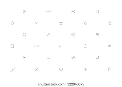 Geometric pattern with different simple signs in thin style. White horizontal background with forms in gray colors. Web design element save in vector illustration 8 EPS