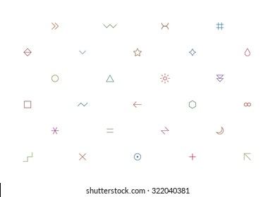 Geometric pattern with different simple signs in thin style. Light white horizontal background. Yellow, orange, red, brown, green, blue, purple, violet colors. Web design element in vector 8 EPS
