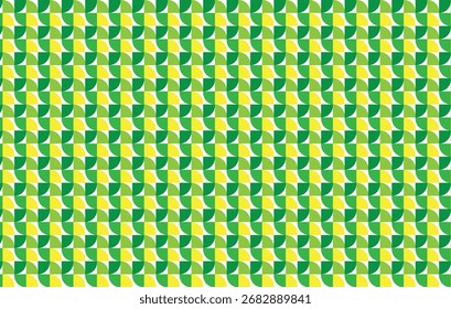 Geometric pattern displays repeating squares of green, light green, and yellow semicircles, creating a vibrant, modern aesthetic.