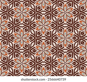 Geometric Pattern - Double Flowers (Cream, Orange, Brown, Blue) - Repeating Vector Image; Easily Editable; Endless Design; Colorful lIlustration. Print for Gift Paper, Packaging, etc.