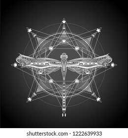 
Geometric pattern and dragonfly. Isolated illustration on the black backgrund.