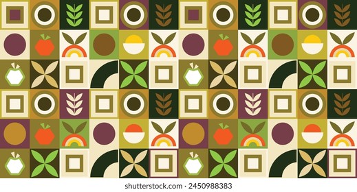 Geometric pattern eco green fruit shapes green color fruit food simple shapes agriculture banner pattern for packaging poster background vector pattern design elements