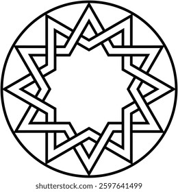 Geometric pattern, eight-pointed star designed within circular frame, black outline against isolated background.