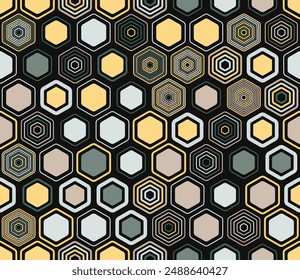 Geometric pattern. Geometric elements of varied style and color. Hexagonal cells. Tileable pattern. Seamless background. Amazing vector illustration.