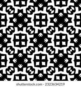 Geometrisches Muster im ethnischen Stil. Nahtloser Hintergrund mit abstrakten Formen. Schwarz-weißes Tapete. Abstrakter Hintergrund mit Wiederholungsmuster für Dekoration, Textilien und Stoff.