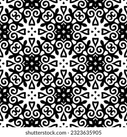 Geometrisches Muster im ethnischen Stil. Nahtloser Hintergrund mit abstrakten Formen. Schwarz-weißes Tapete. Abstrakter Hintergrund mit Wiederholungsmuster für Dekoration, Textilien und Stoff.
