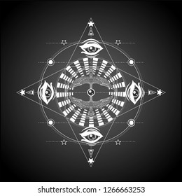 Geometric pattern with eyes. Isolated illustration. Occult symbol for print t shirt and tatoo art.