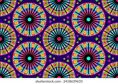 Geometric pattern fabric design violet yellow blue color in circle 